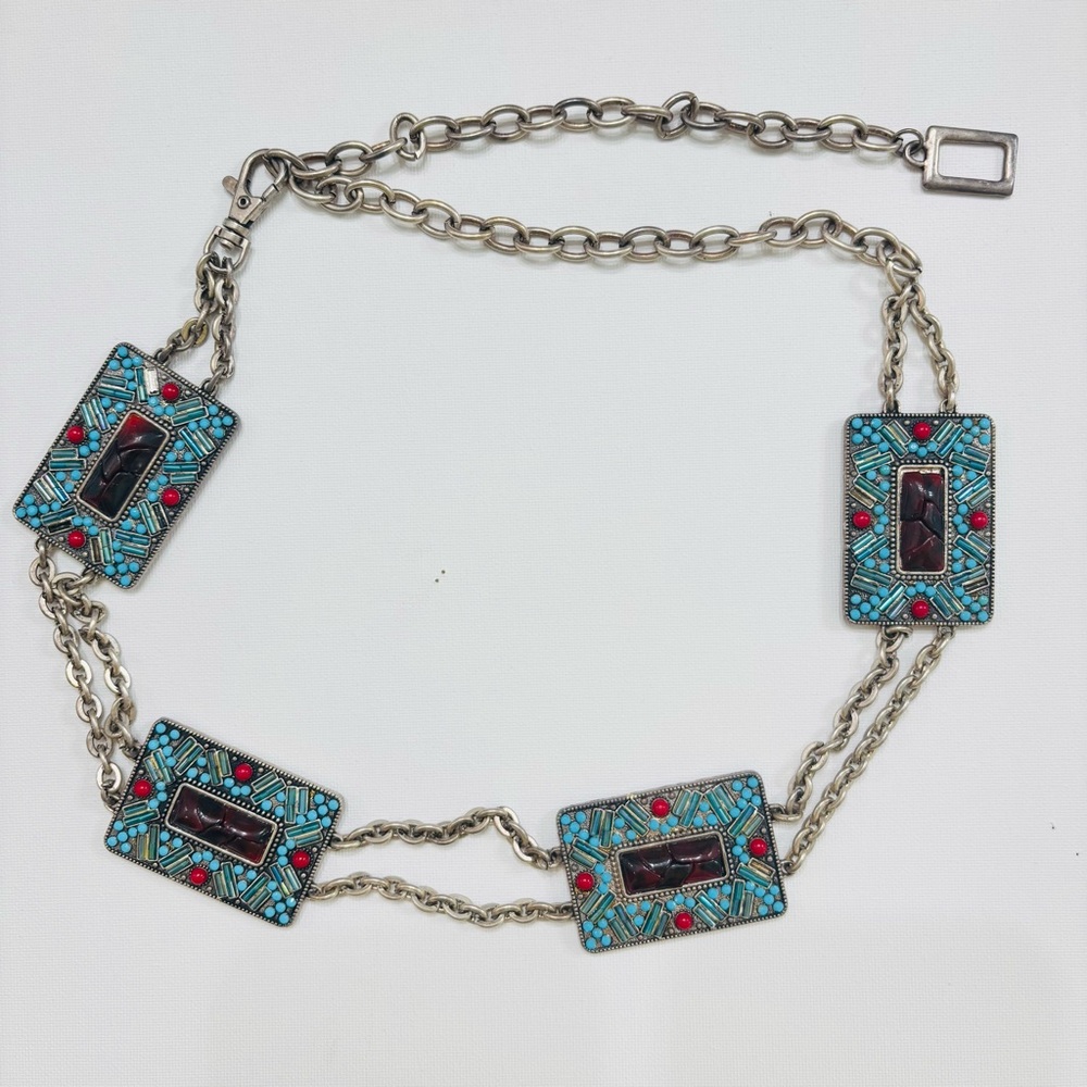 Vintage Southwestern Boho Silver and Turquoise Concho Chain Belt